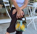 Le Peacock Bag in feathered marble embroidered fabric with tortoiseshell handles, handmade in Los Angeles by Du Motra