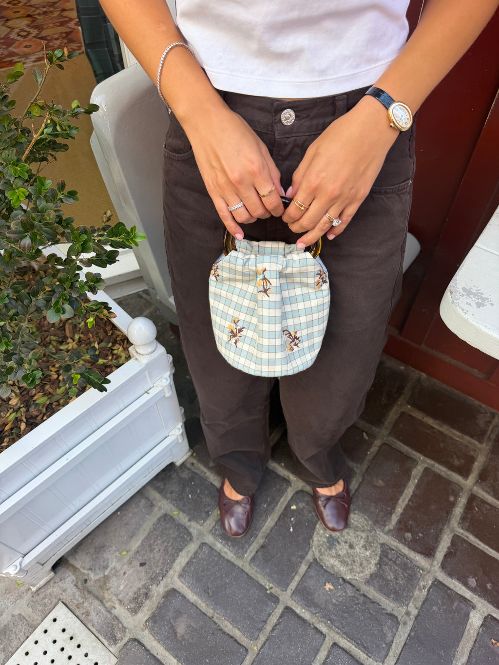 The Gingham Bag with signature tortoiseshell handles by Du Motra