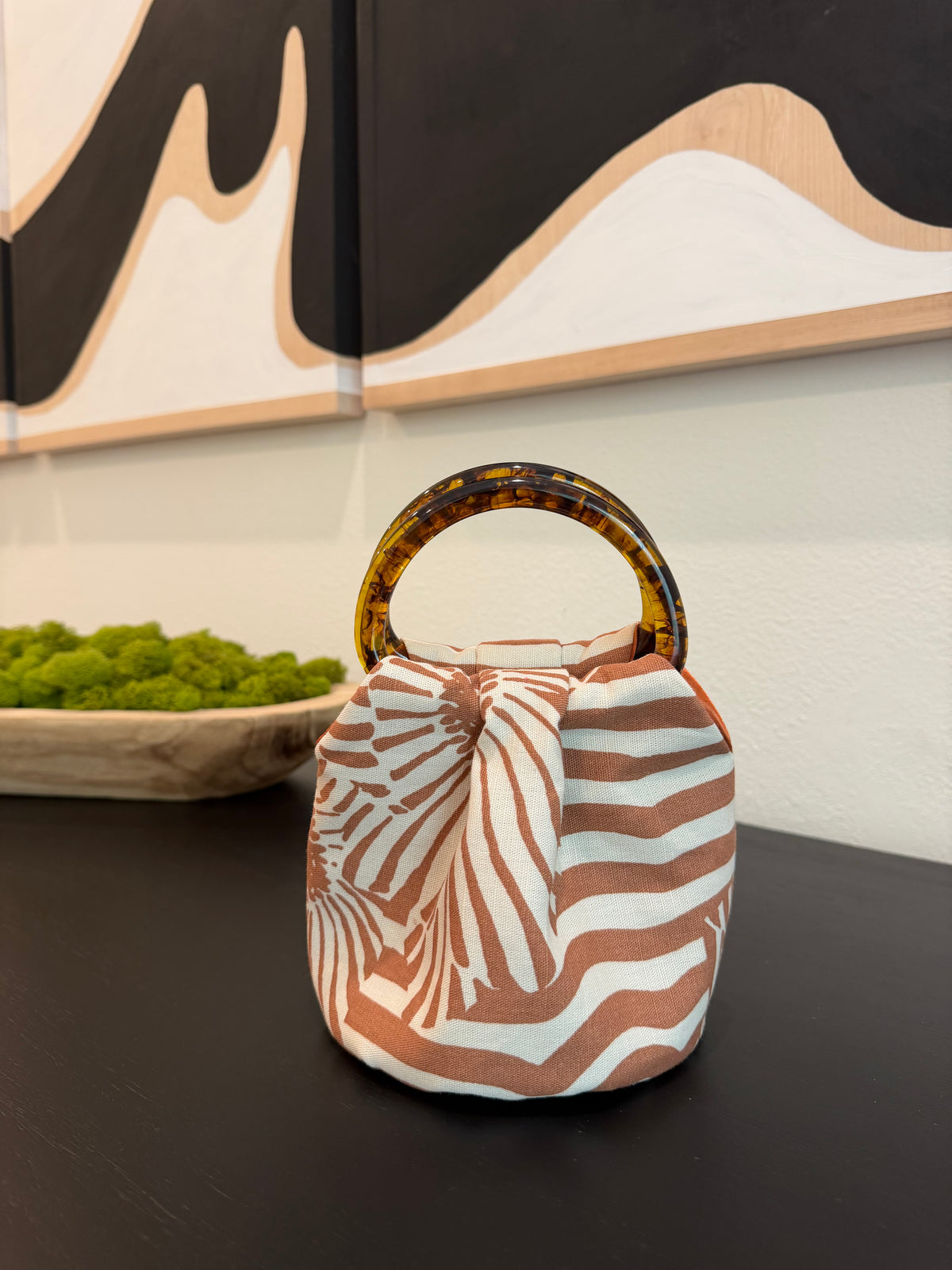 The Daisy Bag in terracotta and cream stripe with tortoiseshell handles, handmade in Los Angeles by Du Motra