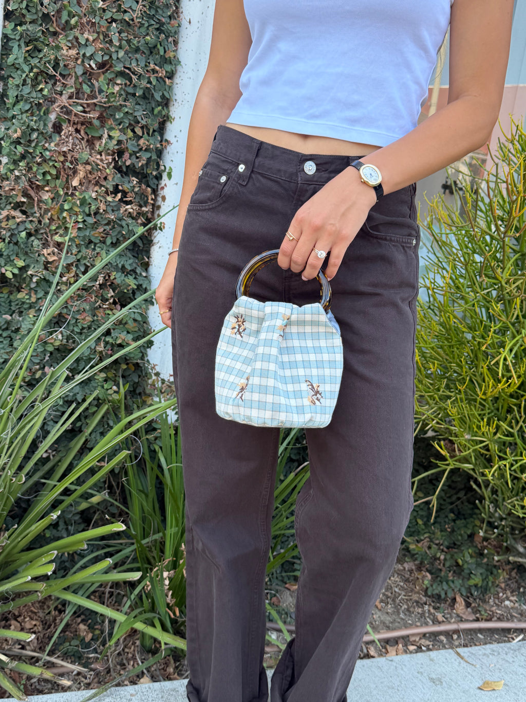 The Gingham Bag in light blue gingham with embroidered botanicals by Du Motra